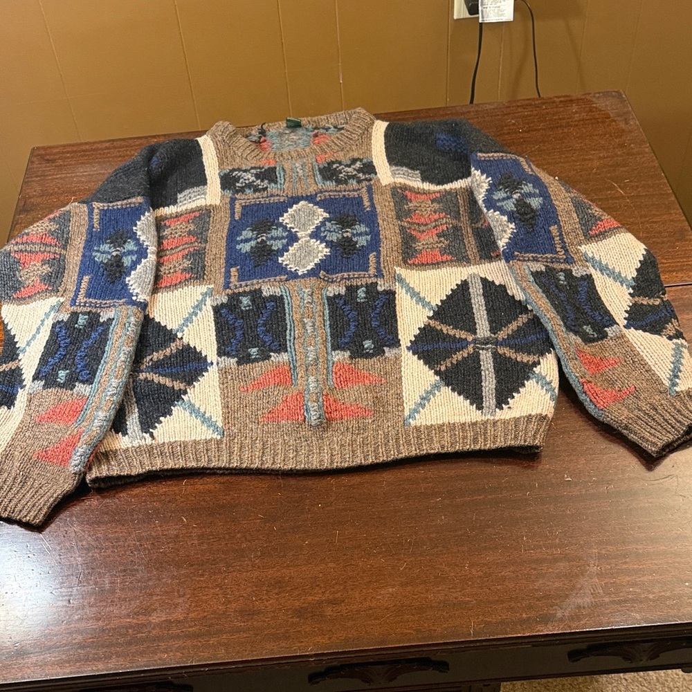 Vintage 80s Hand Knit 100% Worsted Wool Abstract Intarsia Sweater XL Grandpa